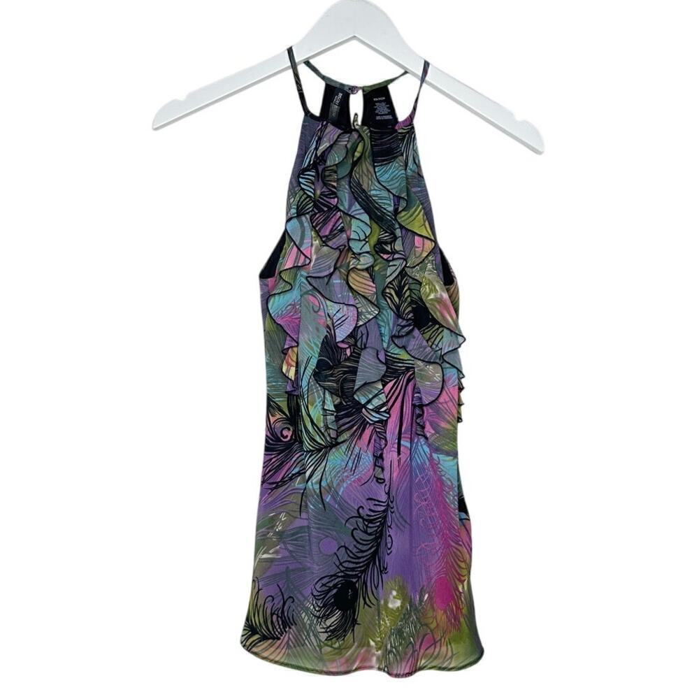 Bisou Bisou Size XS Ruffled Halter Top Colorful Black Pink Y2K Tropical Vacation